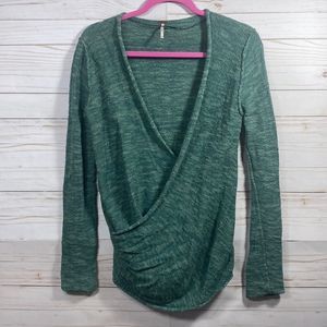 Free People Gotham Green Linen Blend Wrap Front Sweater